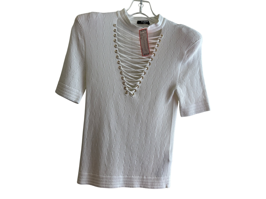 Balmain Size 38 White Viscose Ribbed Knit Half Sleeve V Neck Grommet Top White / 38
