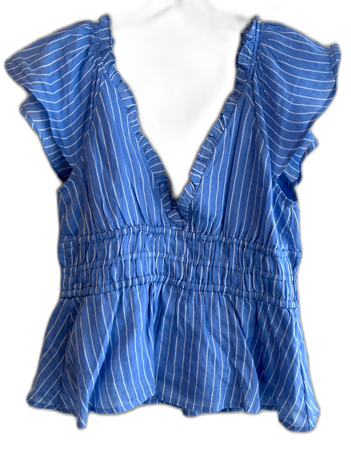 J.Crew Black Label Size M Blue & White Ramie V Neck Flutter Shoulder Top Blue & White / M