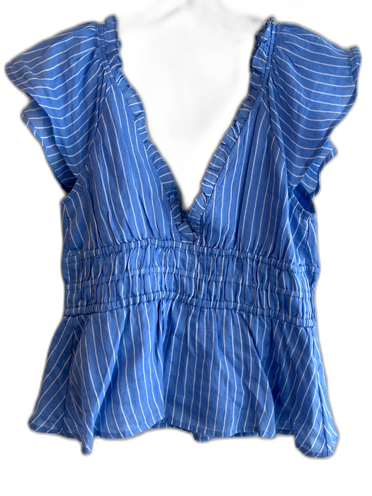 J.Crew Black Label Size M Blue & White Ramie V Neck Flutter Shoulder Top Blue & White / M