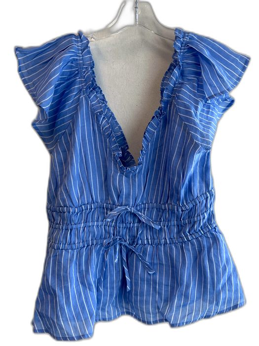 J.Crew Black Label Size M Blue & White Ramie V Neck Flutter Shoulder Top Blue & White / M