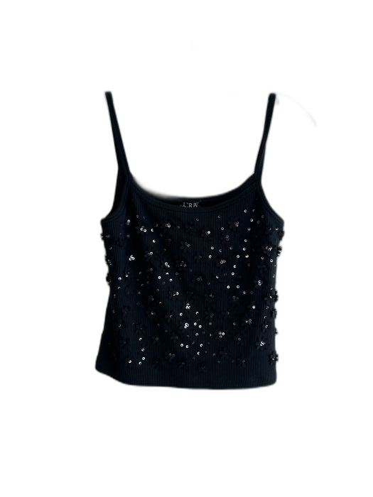 J. Crew Size M Black Cotton Blend Spaghetti Strap 3D Applique Sequin Cropped Top Black / M