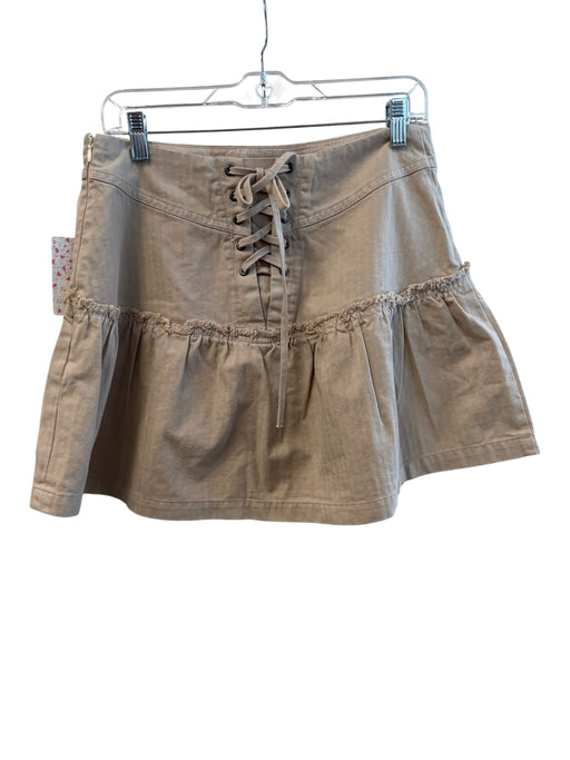 Free People Size 10 Khaki Cotton Side Zip Lace Up Back Ruffle Above Knee Skirt Khaki / 10