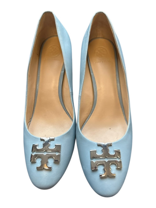 Tory Burch Shoe Size 9M Slate Blue Leather Logo SHW Block Heel Almond Toe Pumps Slate Blue / 9M