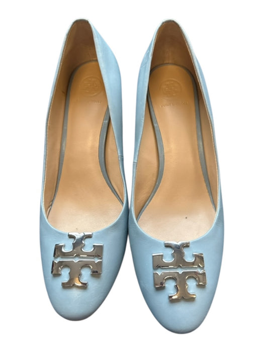 Tory Burch Shoe Size 9M Slate Blue Leather Logo SHW Block Heel Almond Toe Pumps Slate Blue / 9M