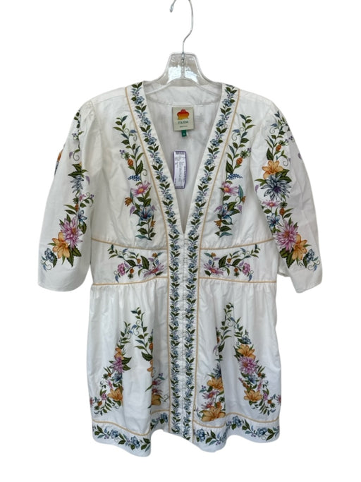 Farm Rio Size XL White & Green Cotton 3/4 Sleeve Botanical Buttons V Neck Dress White & Green / XL