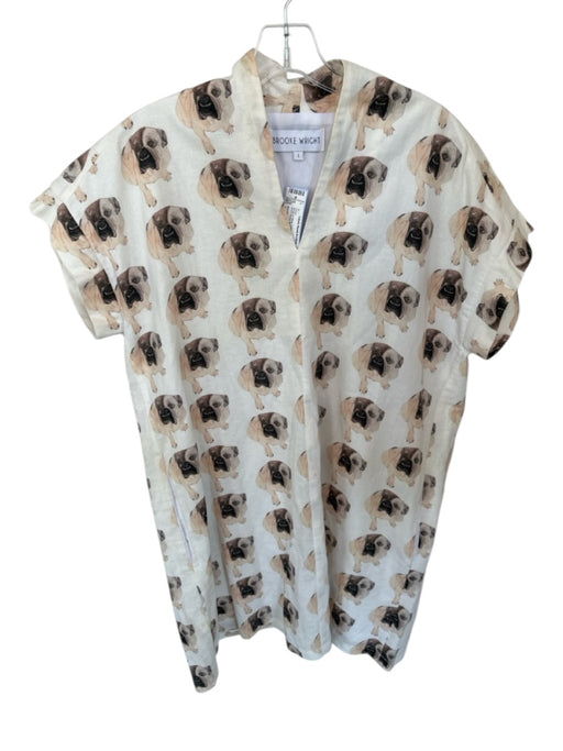 Brooke Wright Size L Brown & White Cotton & Linen Kimono Short Sleeve Midi Dress Brown & White / L