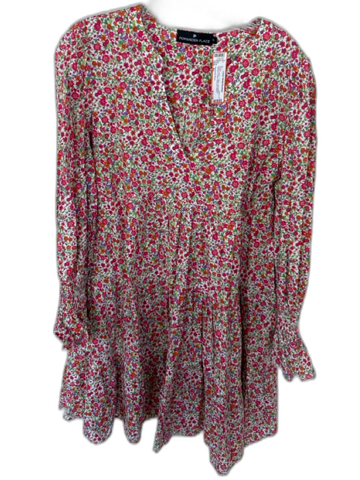 Pomander Place Size XL Pink & Green Cotton Long Balloon Sleeve V Neck Dress Pink & Green / XL
