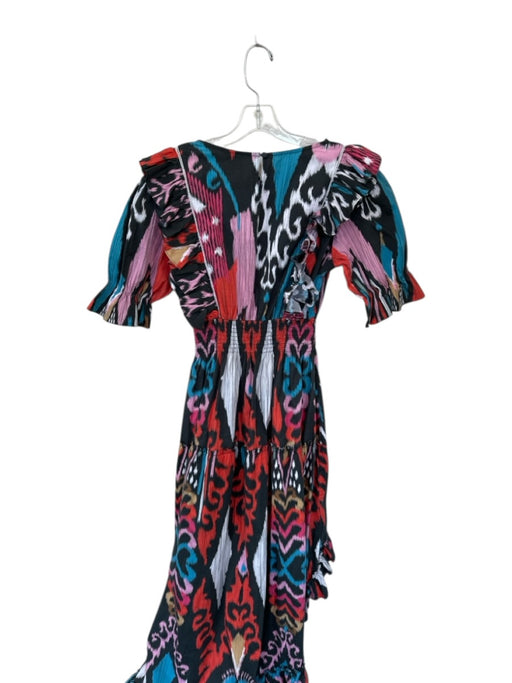 Sheridan French Size L Red & Blue Cotton Long Balloon Sleeve Ikat Ruffles Dress Red & Blue / L