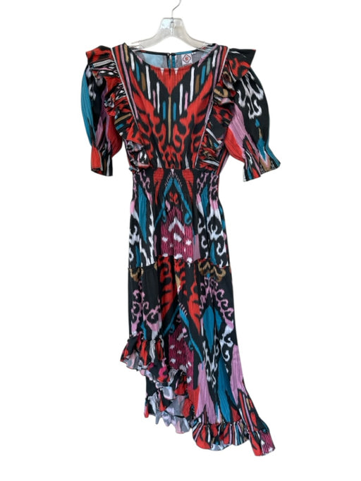 Sheridan French Size L Red & Blue Cotton Long Balloon Sleeve Ikat Ruffles Dress Red & Blue / L