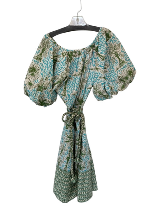Olivia James Size L Green & Blue Cotton Long Balloon Sleeve Palm Trees Dress Green & Blue / L
