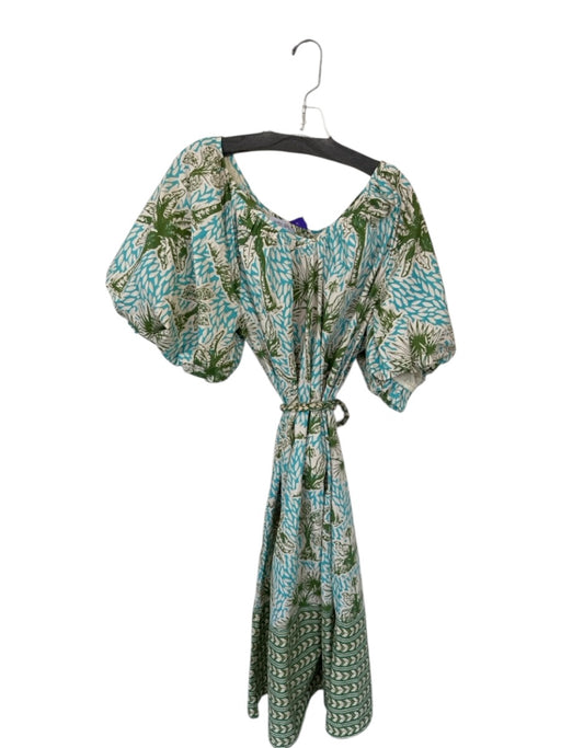 Olivia James Size L Green & Blue Cotton Long Balloon Sleeve Palm Trees Dress Green & Blue / L
