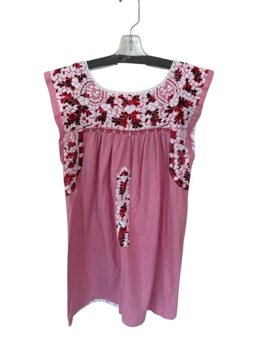Mi Golondrina Size L Pink & Red Cotton Cap Sleeve Embroidered Flowers Dress Pink & Red / L
