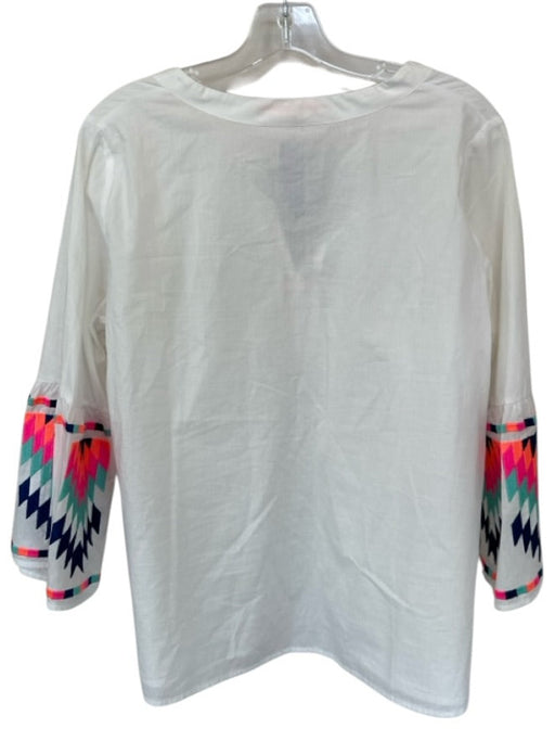 Vilagallo Size 46 White & Multi Cotton Long Bell Sleeve Embroidered Aztec Top White & Multi / 46