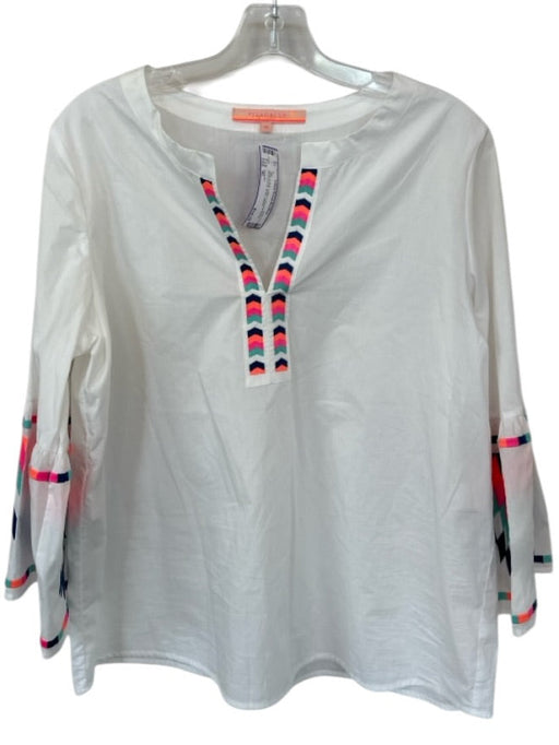Vilagallo Size 46 White & Multi Cotton Long Bell Sleeve Embroidered Aztec Top White & Multi / 46