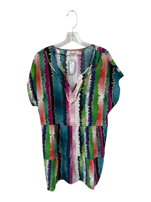 Marie Oliver Size L Teal & Purple Silk Cap Sleeve Abstract V Neck Dress Teal & Purple / L