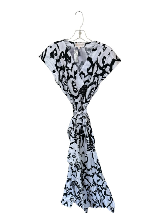 Sheridan French Size M White & Black Cotton Cap Sleeve Ikat Belted Maxi Dress White & Black / M