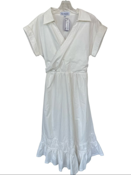 En Saison Size L White Cotton Blend Short Cuff Sleeve Cross Over Collar Dress White / L