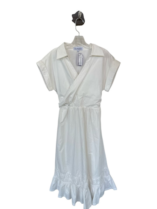 En Saison Size L White Cotton Blend Short Cuff Sleeve Cross Over Collar Dress White / L
