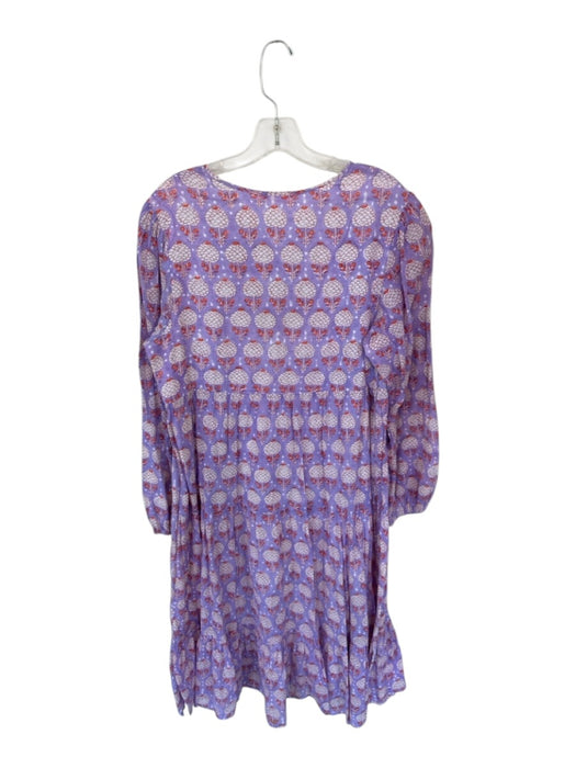 Oliphant Size L purple & orange Cotton Long Balloon Sleeve Flowers V Neck Dress purple & orange / L