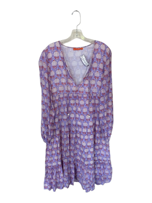 Oliphant Size L purple & orange Cotton Long Balloon Sleeve Flowers V Neck Dress purple & orange / L