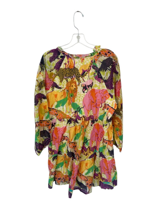 J. Crew Size XL Yellow & Purple Cotton Long Balloon Sleeve Animals V Neck Dress Yellow & Purple / XL
