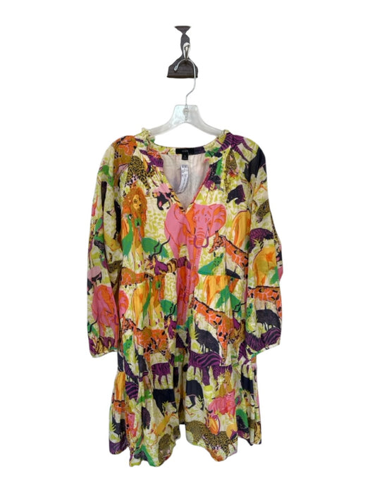 J. Crew Size XL Yellow & Purple Cotton Long Balloon Sleeve Animals V Neck Dress Yellow & Purple / XL