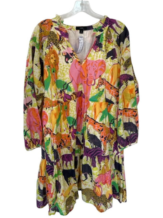 J. Crew Size XL Yellow & Purple Cotton Long Balloon Sleeve Animals V Neck Dress Yellow & Purple / XL