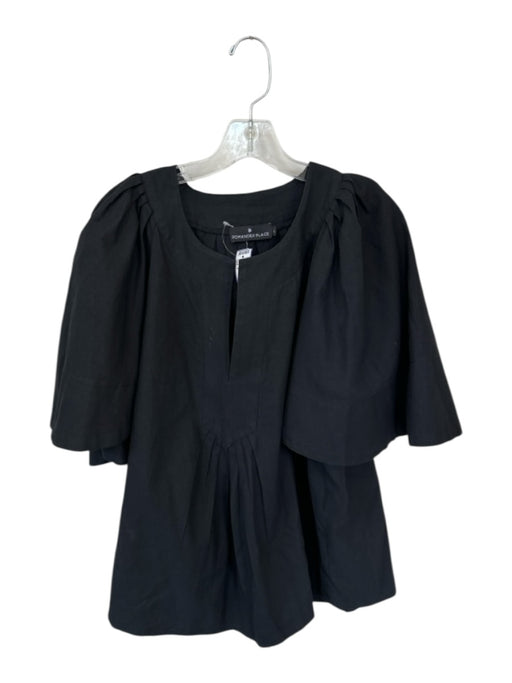 Pomander Place Size L Black Cotton Cap Sleeve V Neck Pleat Detail Top Black / L