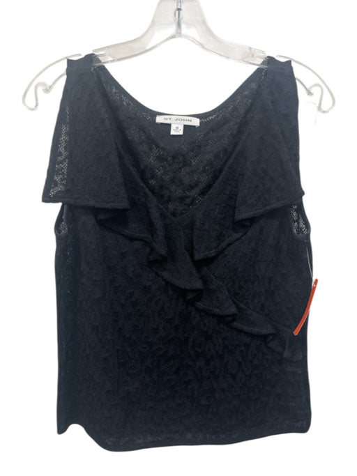 St. John Size 10 Black Missing Fabric Tag Open Knit Sleeveless V Neck Ruffle Top Black / 10
