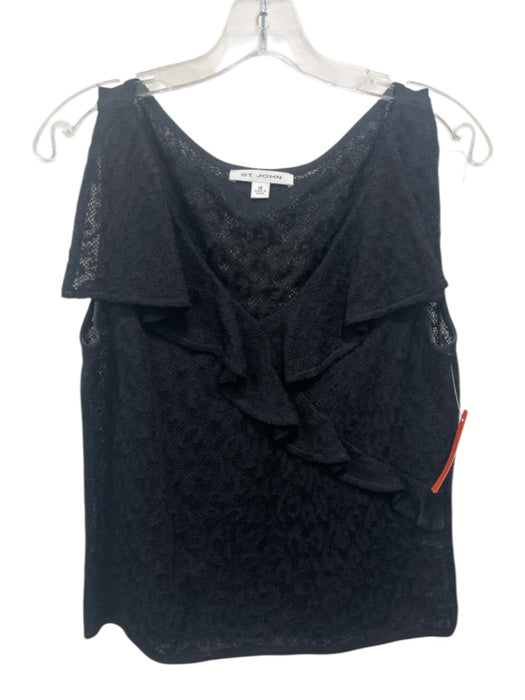 St. John Size 10 Black Missing Fabric Tag Open Knit Sleeveless V Neck Ruffle Top Black / 10