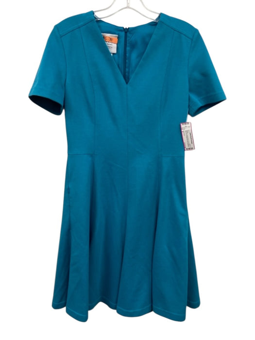 Akris Punto Size 4 Teal Blue Viscose Blend Short Sleeve V Neck A Line Dress Teal Blue / 4