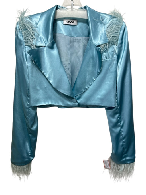 Guizio Size Small Light Blue Polyester Blend Faux Feathers Cropped Blazer Jacket Light Blue / Small