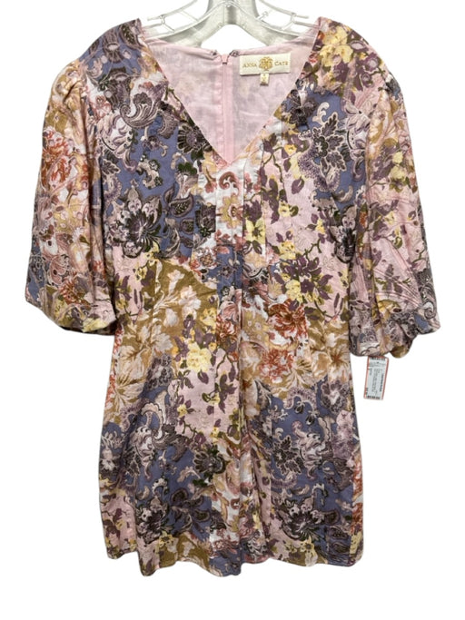 Anna Cate Size S Pink & Multi Cotton Floral Paisley V Neck 1/2 Puff Sleeve Dress Pink & Multi / S