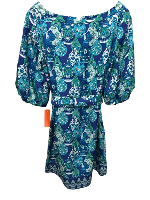 Lilly Pulitzer Size 4 Blue & Green Silk Floral Vase Print 1/2 Puff Sleeve Dress Blue & Green / 4
