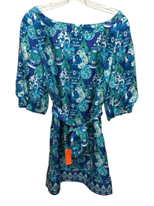 Lilly Pulitzer Size 4 Blue & Green Silk Floral Vase Print 1/2 Puff Sleeve Dress Blue & Green / 4