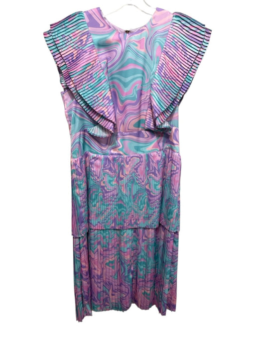 Emily McCarthy Size S Purple, Pink & Blue Polyester Marbled Pleated Ruffle Dress Purple, Pink & Blue / S