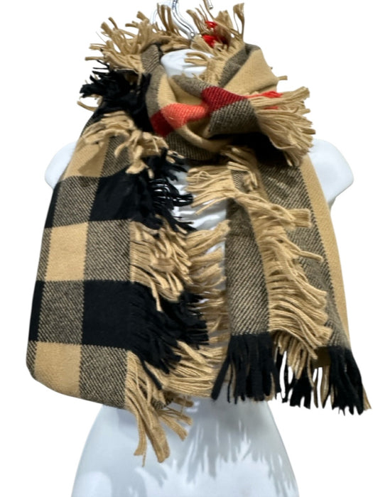 Burberry Beige & Black Wool Long plaid check Fringe Edging Rectangle scarf Beige & Black