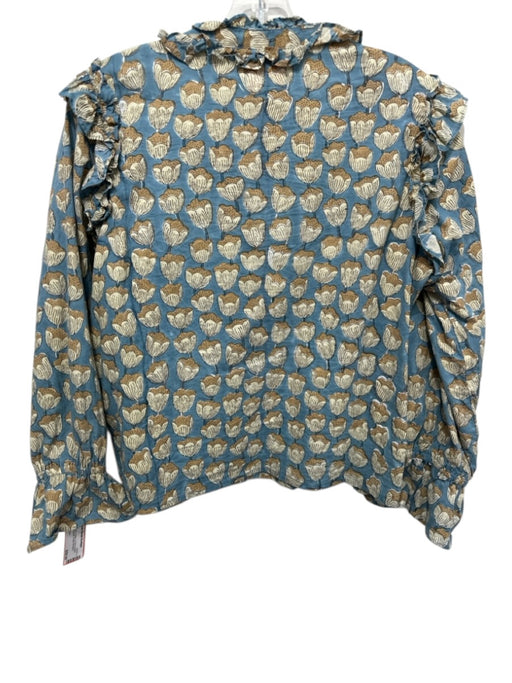 Victoria Dunn Size M Blue & Yellow Cotton V Neck Button Front gold accent Top Blue & Yellow / M