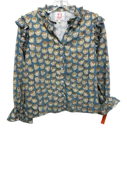 Victoria Dunn Size M Blue & Yellow Cotton V Neck Button Front gold accent Top Blue & Yellow / M