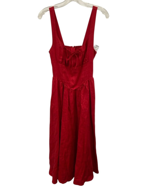 O.P.T. Size 6 Red Linen Tie Detail V Waist Sleeveless Midi Dress Red / 6