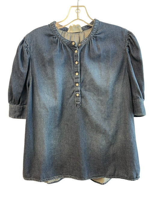 Ba&sh Size 2 Blue Cotton Short Puff Sleeve Button Round Neck Top Blue / 2