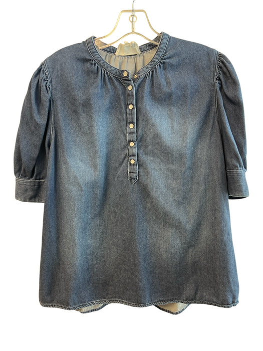 Ba&sh Size 2 Blue Cotton Short Puff Sleeve Button Round Neck Top Blue / 2
