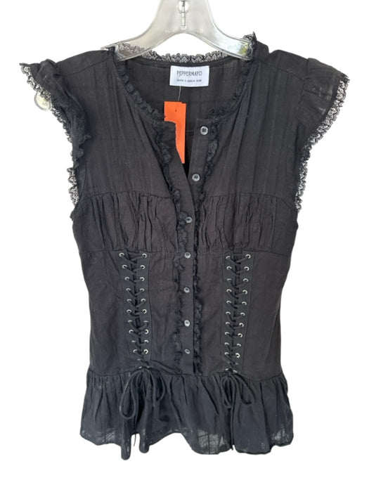 Peppermayo Size 4 Black Cotton Button Down Lace Detail eyelet Mini Dress Black / 4