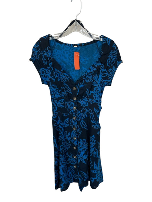 Free People Size Est XS Navy & Blue Linen Cap Sleeve Botanical Buttons Dress Navy & Blue / Est XS