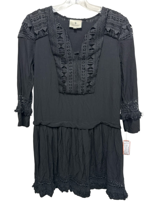 Tuckernuck Size S Black Rayon 3/4 Sleeve Lace Overlay V Neck Drop Waist Dress Black / S