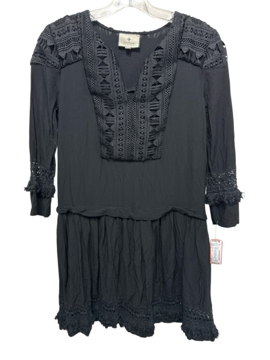 Tuckernuck Size S Black Rayon 3/4 Sleeve Lace Overlay V Neck Drop Waist Dress Black / S