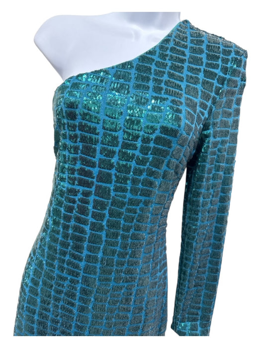 Michael Costello x Revolve Size L Blue Green Polyester One Sleeve Sequin Gown Blue Green / L