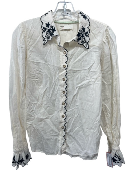 Anthropologie Size 6 Cream & Black Cotton Embroidered Button Down Scalloped Top Cream & Black / 6