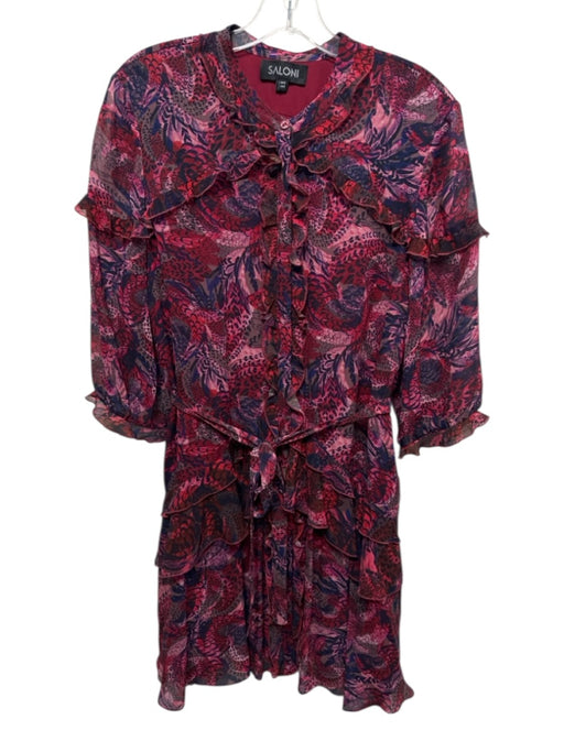 Saloni Size M Red, Pink & Navy Silk Abstract Print 3/4 Sleeve Semi Sheer Dress Red, Pink & Navy / M
