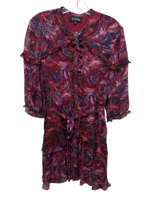 Saloni Size M Red, Pink & Navy Silk Abstract Print 3/4 Sleeve Semi Sheer Dress Red, Pink & Navy / M